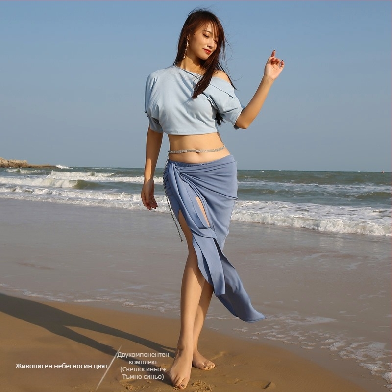 Комплект костюми за Belly Dance — ориенталски стил, едноцветен модел, ребрист плат, полиестер (Марка BELLYQUEEN/Dancer; за възрастни жени; за Belly Dance)