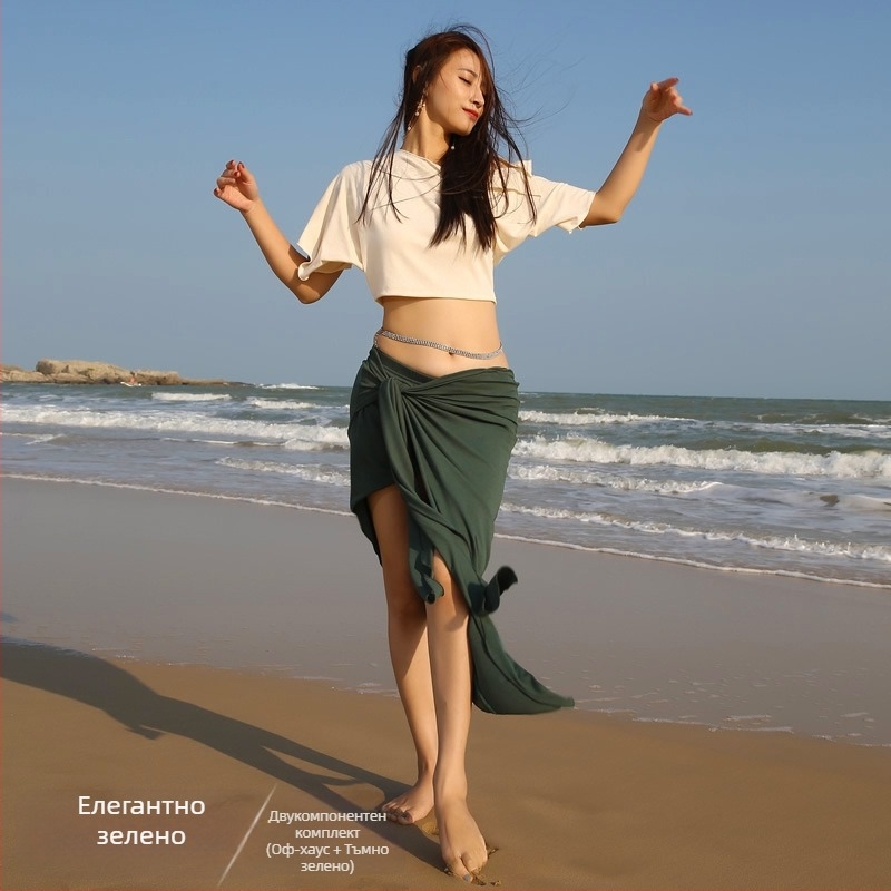 Комплект костюми за Belly Dance — ориенталски стил, едноцветен модел, ребрист плат, полиестер (Марка BELLYQUEEN/Dancer; за възрастни жени; за Belly Dance)
