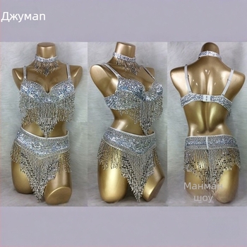 Комплект за танц на корема с ръчно бродиран сутиен и пискюли, три части, унисекс, плат Спандекс, пускане през пролетта 2025