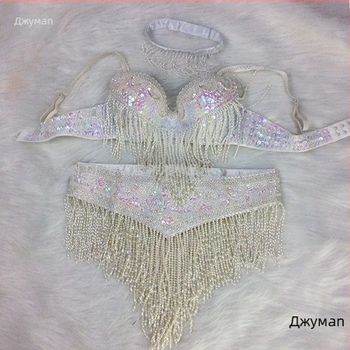 Комплект за танц на корема с ръчно бродиран сутиен и пискюли, три части, унисекс, плат Спандекс, пускане през пролетта 2025