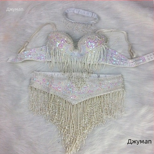 Комплект за танц на корема с ръчно бродиран сутиен и пискюли, три части, унисекс, плат Спандекс, пускане през пролетта 2025