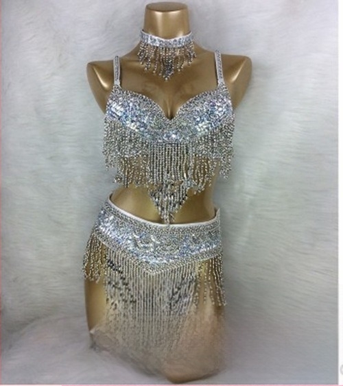 Комплект за танц на корема с ръчно бродиран сутиен и пискюли, три части, унисекс, плат Спандекс, пускане през пролетта 2025