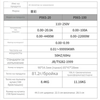 Електромер за променлив ток с LCD дисплей, мултифункционален цифров монитор на напрежение, ток и енергия; модел P06s-20A/100A, 110–250V, 50/60Hz, макс 100A, клас точност I
