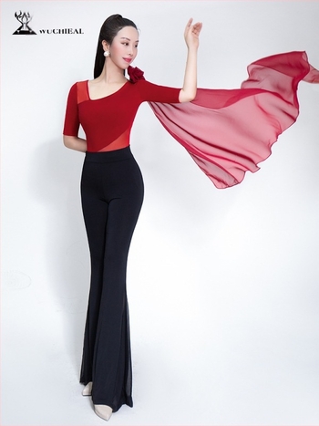 Модерен танцов бодисют с тяло-оформящ дизайн; плат Crystal cotton + velvet chiffon + mesh; 80% полиестер; за жени; всички сезони на сценично облекло; XT1313