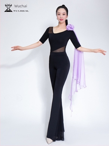 Модерен танцов бодисют с тяло-оформящ дизайн; плат Crystal cotton + velvet chiffon + mesh; 80% полиестер; за жени; всички сезони на сценично облекло; XT1313