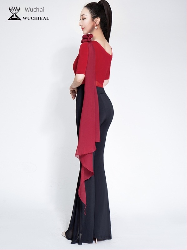 Модерен танцов бодисют с тяло-оформящ дизайн; плат Crystal cotton + velvet chiffon + mesh; 80% полиестер; за жени; всички сезони на сценично облекло; XT1313