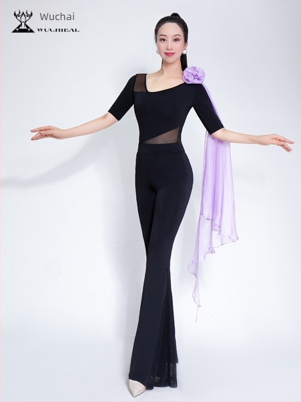 Модерен танцов бодисют с тяло-оформящ дизайн; плат Crystal cotton + velvet chiffon + mesh; 80% полиестер; за жени; всички сезони на сценично облекло; XT1313