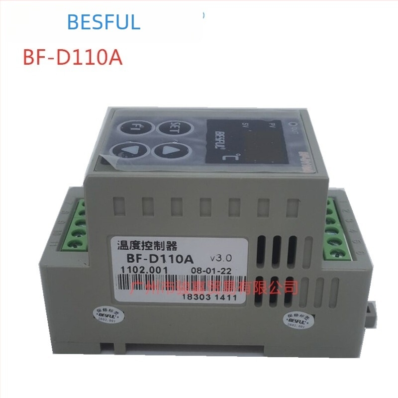 Температурен контролер BF-D110A; едноканален охлаждане и отопление; монтаж върху релса; измерва вода и въздух; работно напрежение AC 80–240 V.