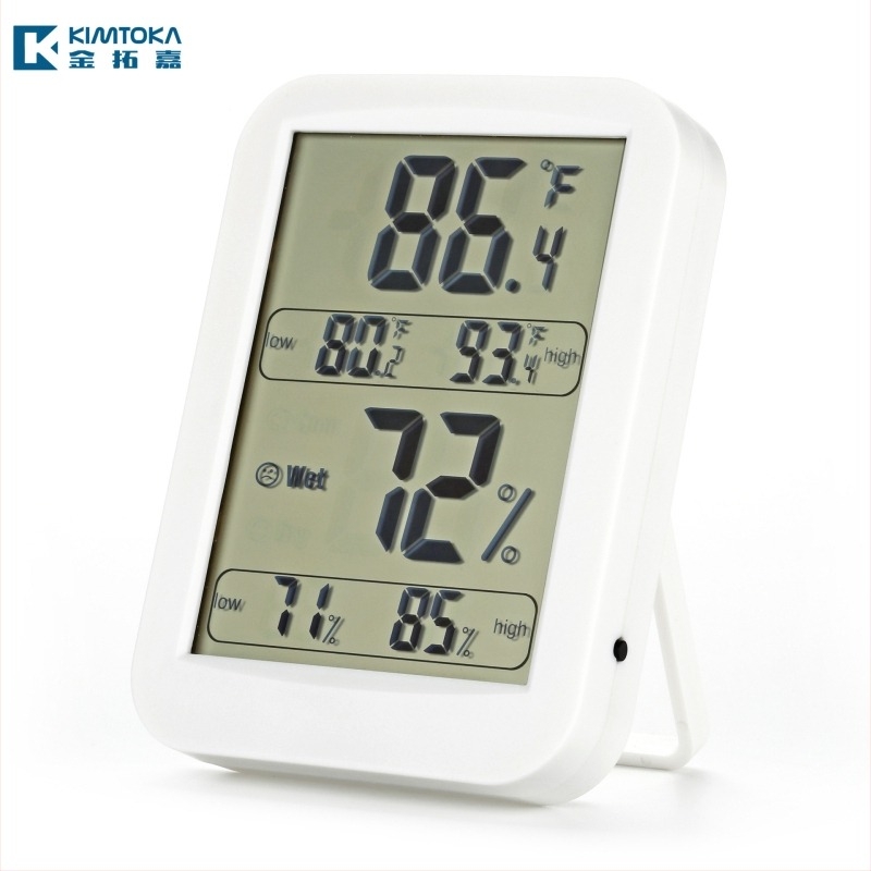KIMTOKA TH028 — вътрешен цифров хигрометър, точност температура ±1°C, точност влажност ±5%, захранване 1x AA батерия.
