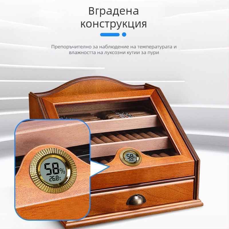 Вграден термометър и хигромер с цифров дисплей, метален панел за кутия за пури (CR2032)