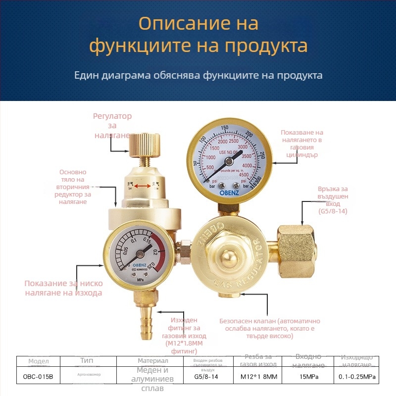 Аргонова дугова заваръчна машина с газоспестяващ регулатор и манометър OBC-015B