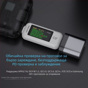 C0Q+ USB Type-C passthrough тестер — PD 3.1 детекция, USB измерване на напрежение и ток, C2 бързо зареждане, 48V