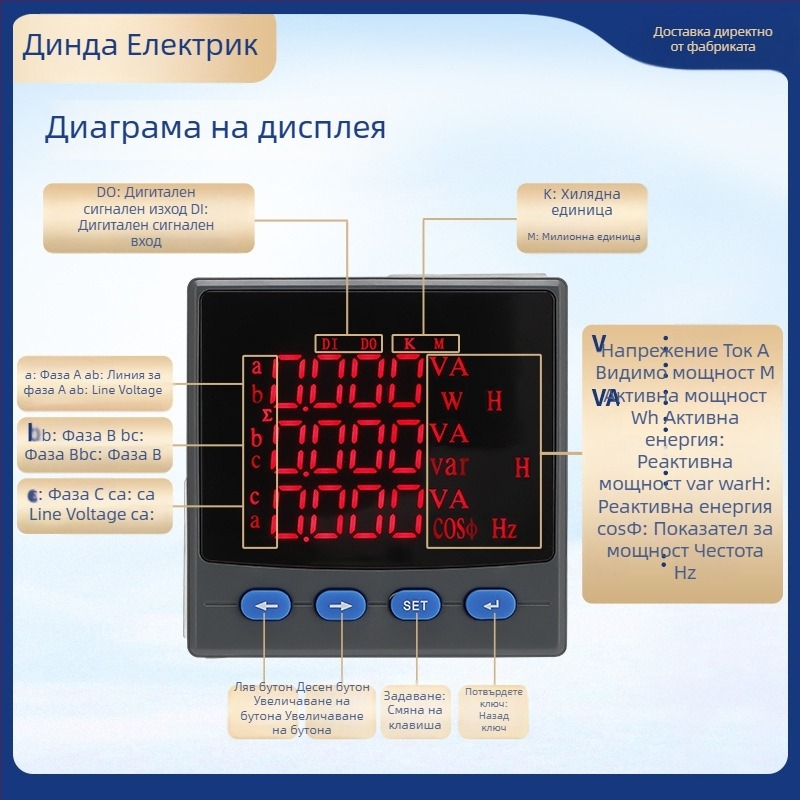 Трифазов цифров електромер за измерване на мощност с LCD дисплей, измерване на напрежение и ток, RS-485 комуникация