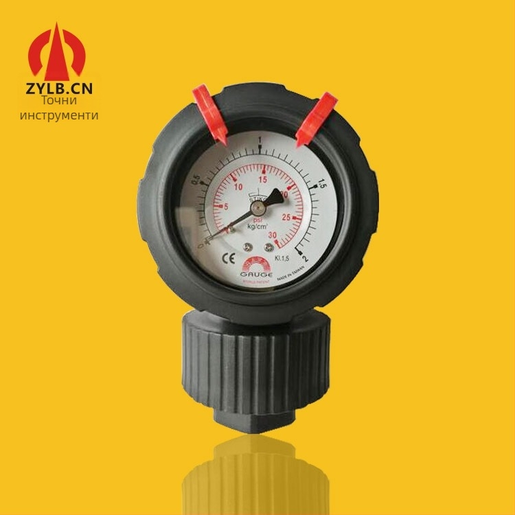 PP диафрагмен удароустойчив манометр за PCB оборудване, с вертикално монтиране, диапазон 0.2, клас точност 2.5