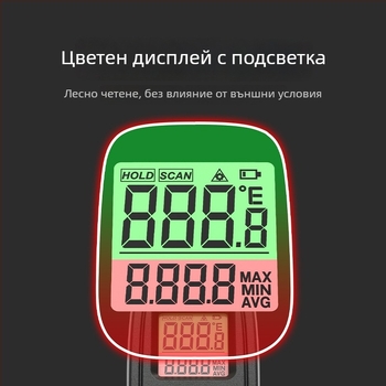 Инфрачерен безконтактен термометър с лазерно насочване, захранван с две AAA батерии, време за реакция 500 ms, за индустриално приложение