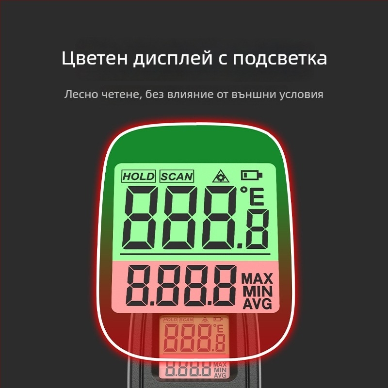 Инфрачерен безконтактен термометър с лазерно насочване, захранван с две AAA батерии, време за реакция 500 ms, за индустриално приложение