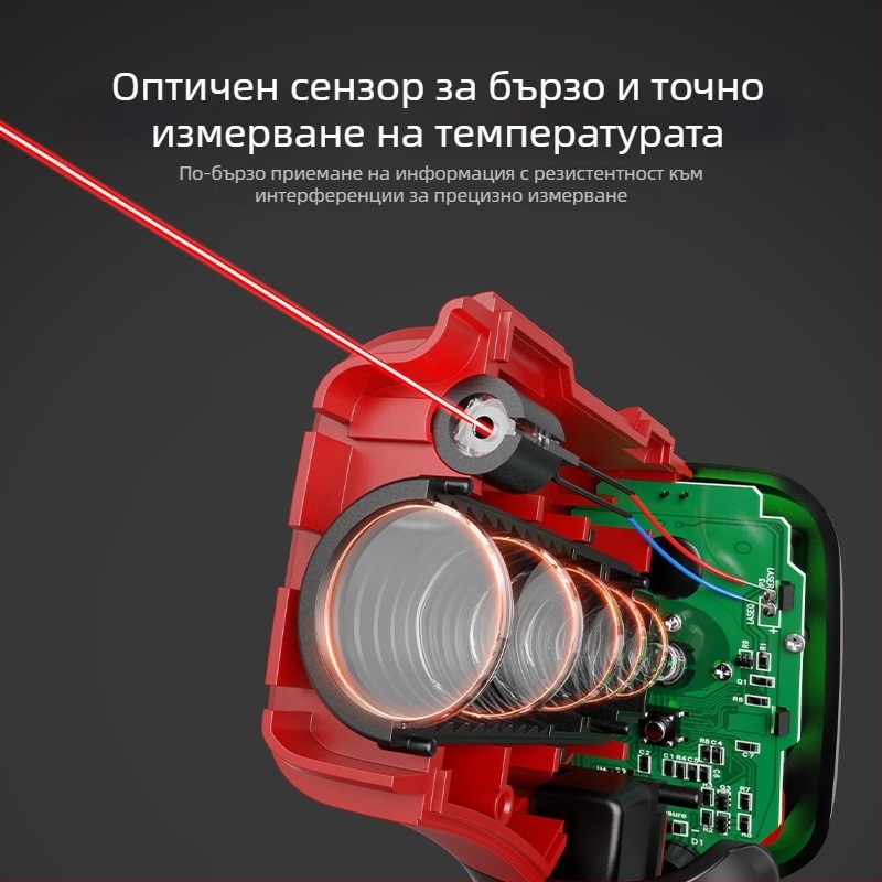 Инфрачерен безконтактен термометър с лазерно насочване, захранван с две AAA батерии, време за реакция 500 ms, за индустриално приложение