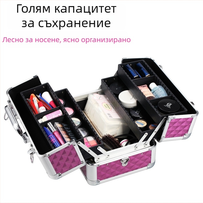 Алуминиева преносима кутия за инструменти за козметика и грижа за косата, маникюр и татуировки – с ключалка, трислоен разделител