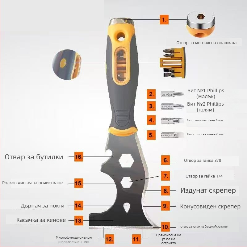 Мултифункционален почистващ нож с 16-в-1: неръждаема стомана скрепер, ролка за почистване, скрепер за стена и шестограмен ключ