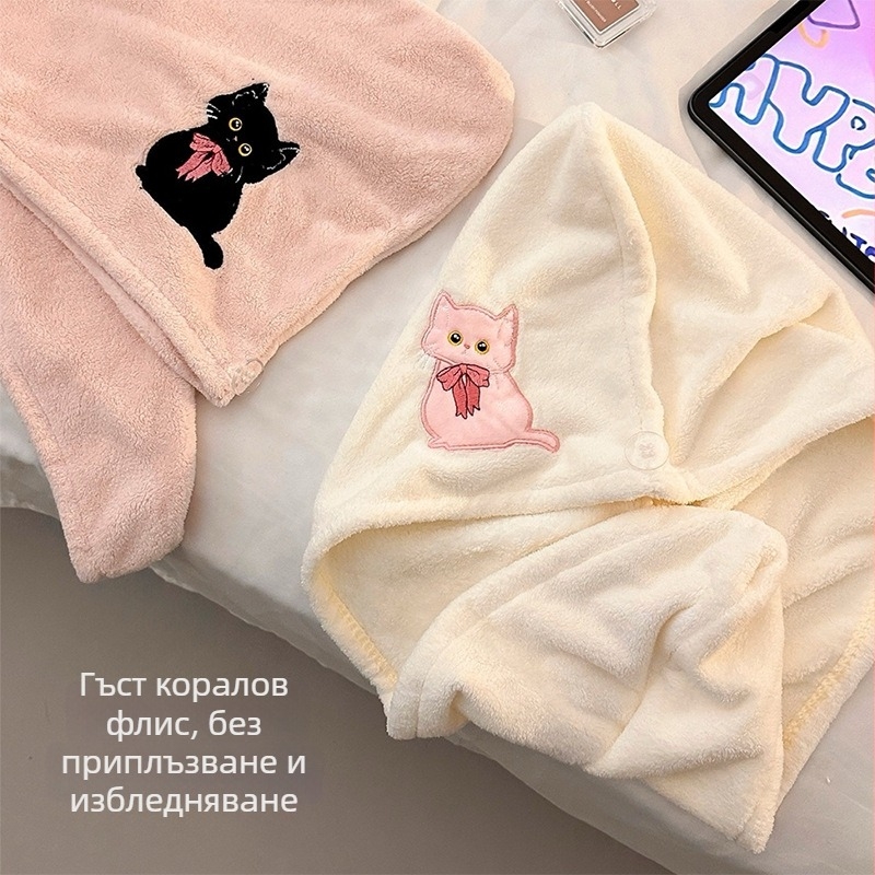 Капак за сушене на коса за дълги коси, коралов флийс, карикатурен стил, 50 г, повторно използваем, общо предназначение