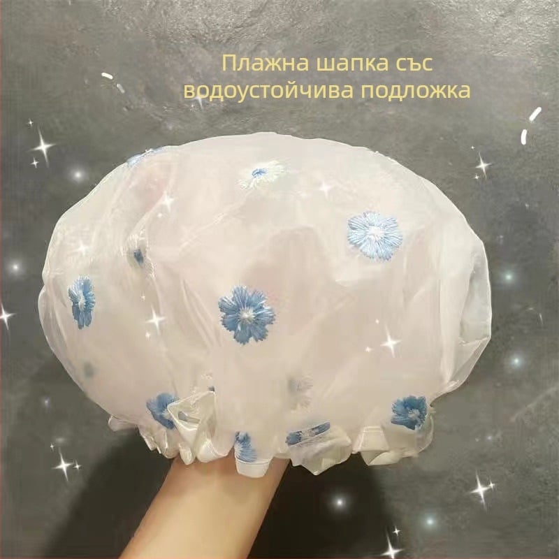 Двуслоен шапка за душ, водоустойчива шапка за грижа за косата, PVC, карикатурен стил, универсална