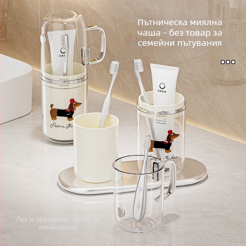 3-в-1 държач за четки за зъби с чашка за жабурване, преносим комплект за семейство от трима, пластмасов, карикатурен стил, компактен пътуващ комплект