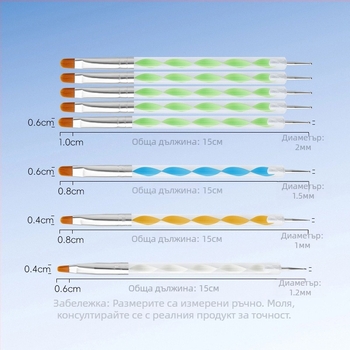 Комплект гел ноктени четки, 5 бр., дълги акрилни дръжки, двустранни точкови писалки, Geliheng