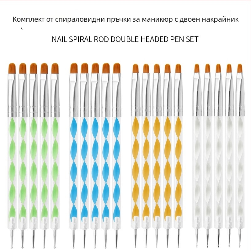 Комплект гел ноктени четки, 5 бр., дълги акрилни дръжки, двустранни точкови писалки, Geliheng