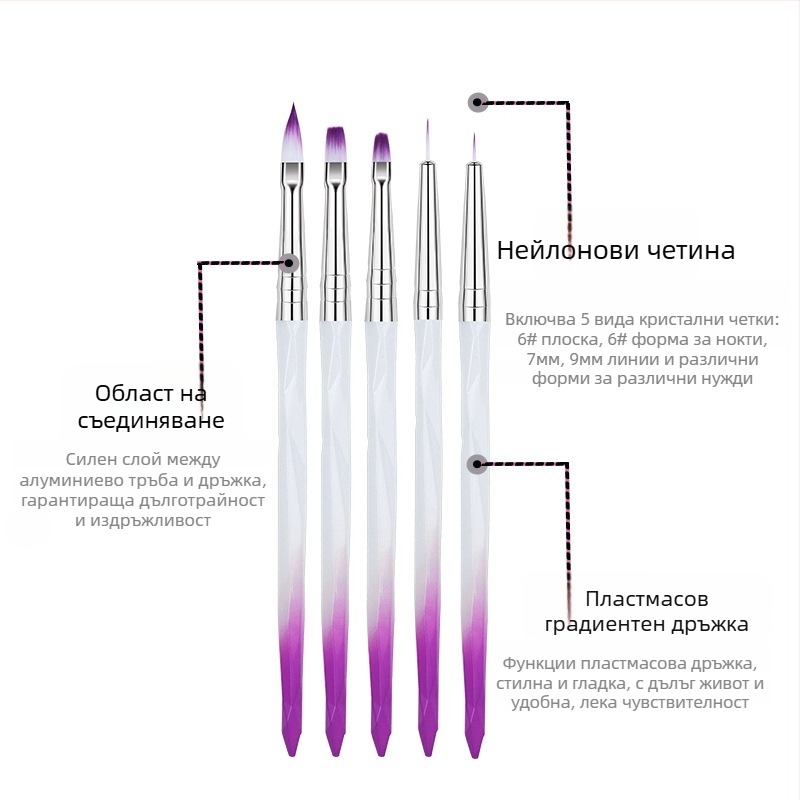 Комплект четки за нокти за изкуство с градиентни дръжки и гравирани върхове, 5 броя – OEM комплект