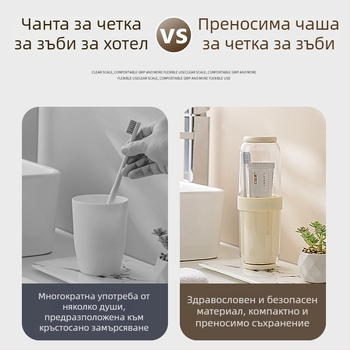 Пътуващ комплект за четка за зъби и чаша за уста – преносим хранителнокачествен държач за четки, сухо/мокро разделение, прахозащита