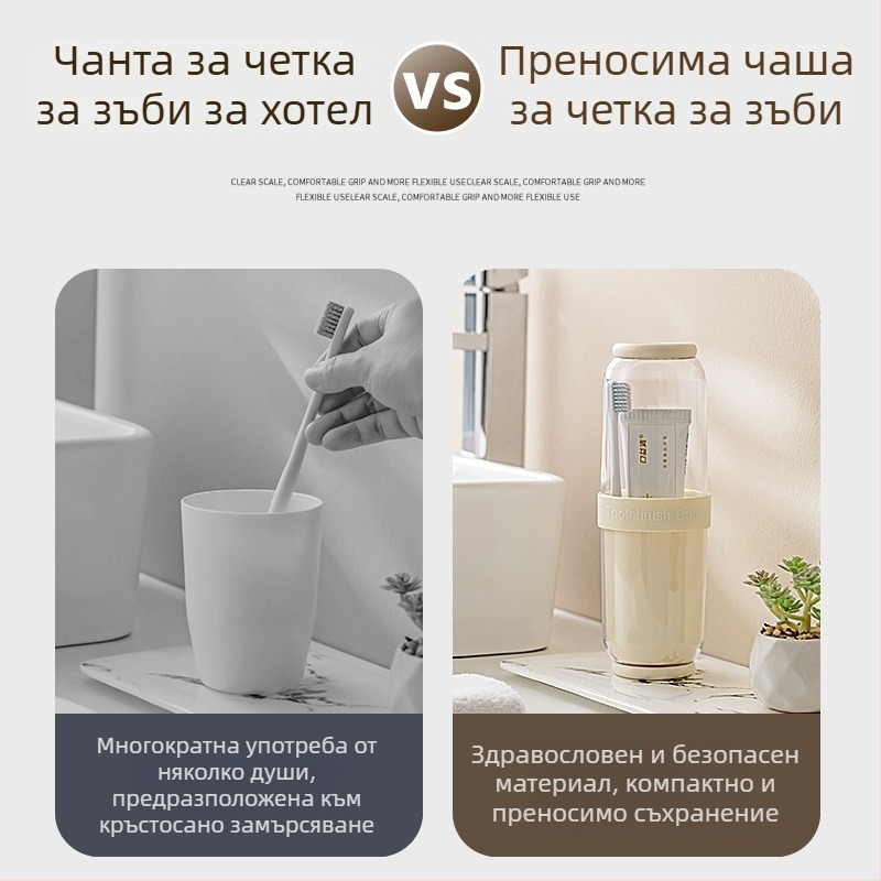 Пътуващ комплект за четка за зъби и чаша за уста – преносим хранителнокачествен държач за четки, сухо/мокро разделение, прахозащита