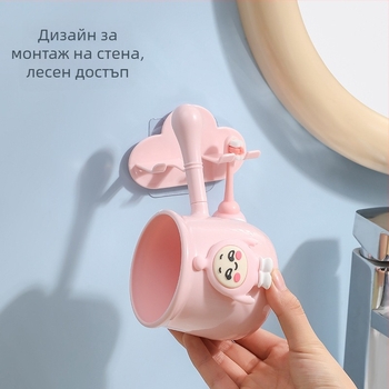 Стенно държач за четки за зъби със стил карикатура и чаша за изплакване, за домашна употреба, PP материал, възможност за печат на лого