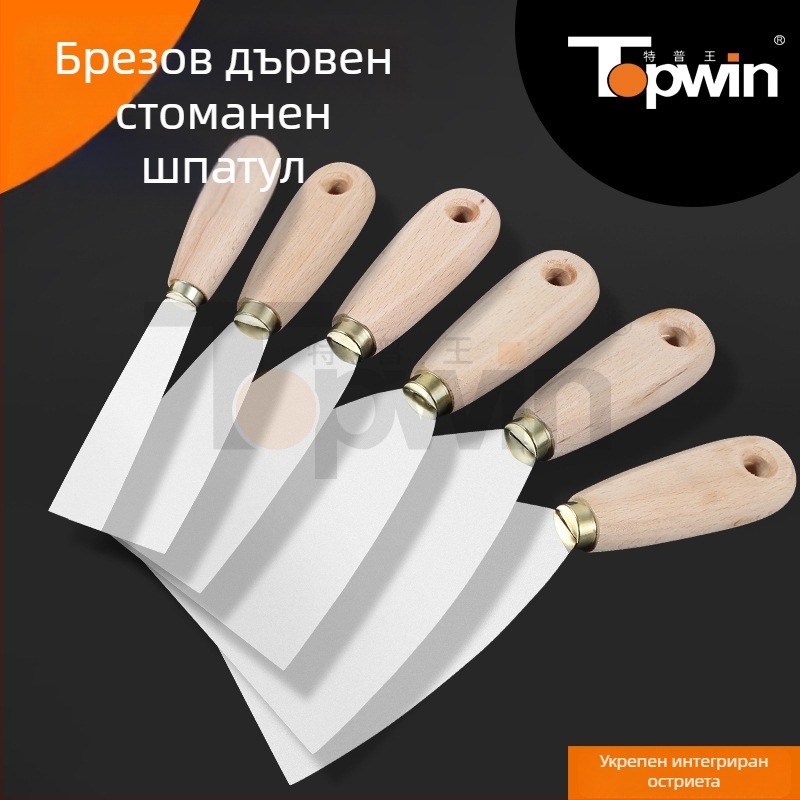 Шпакловачка от неръждаема стомана с удебелен лезвие, огледално полирана повърхност, дървена дръжка, дупка за окачване, за боядисване и шпакловане.