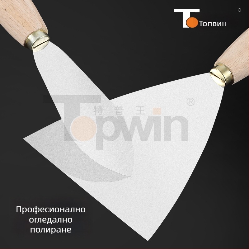Шпакловачка от неръждаема стомана с удебелен лезвие, огледално полирана повърхност, дървена дръжка, дупка за окачване, за боядисване и шпакловане.