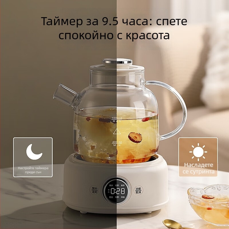 Чайник с корпус от високо боросиликатно стъкло, модел D11, капацитет до 1 л, 220 V, 400–500 W, управление чрез микрокомпютър