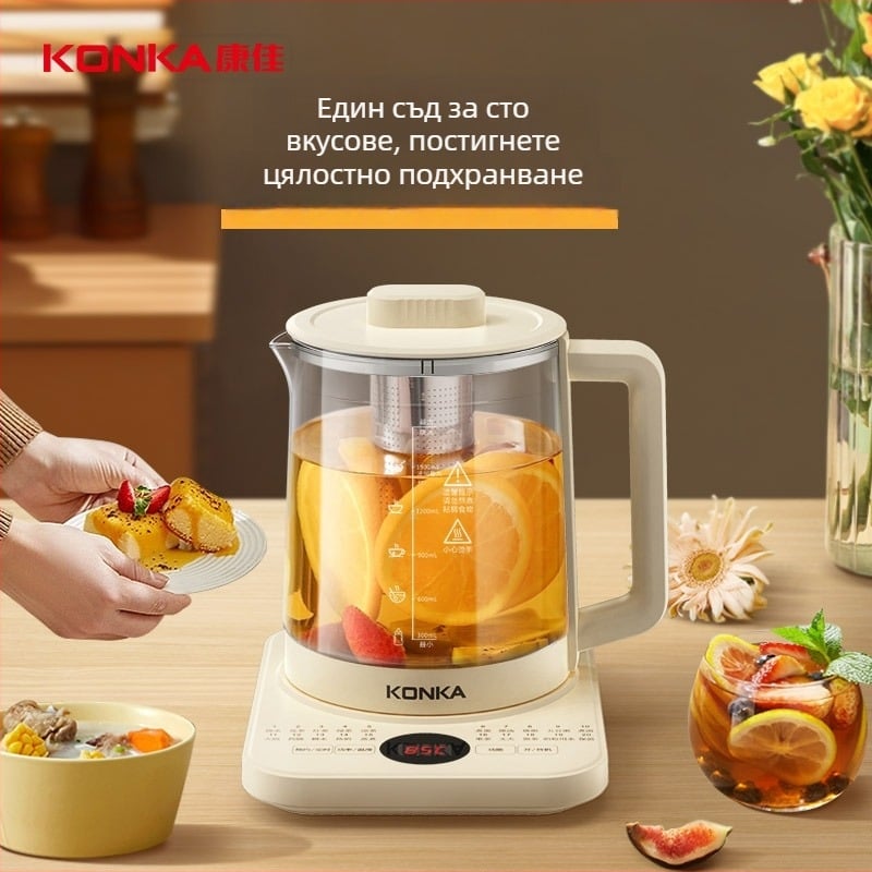 Konka здравословен чайник с много функции, стъклен вътрешен резервоар от боросиликатно стъкло, управление с докосване, поддържа температурата, 1,8 л