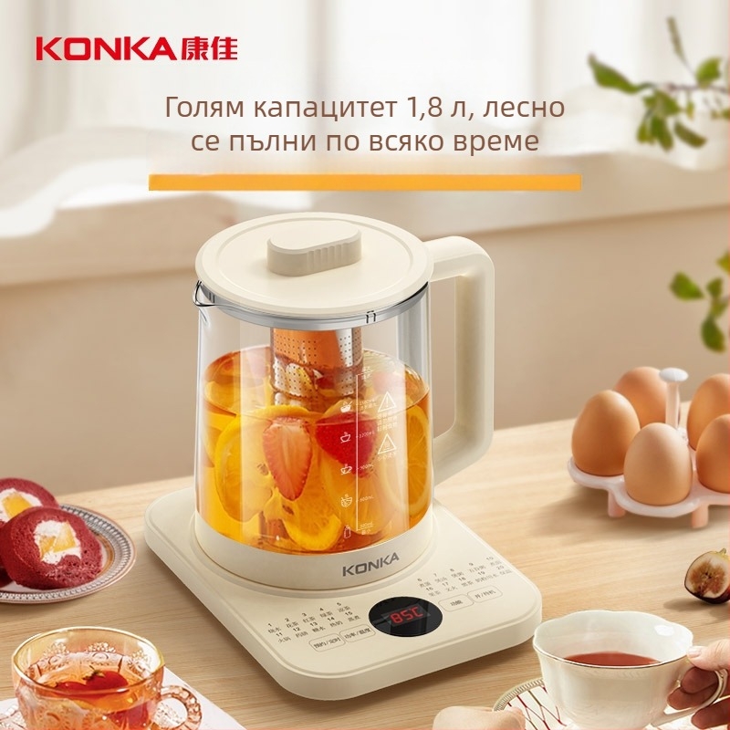 Konka здравословен чайник с много функции, стъклен вътрешен резервоар от боросиликатно стъкло, управление с докосване, поддържа температурата, 1,8 л