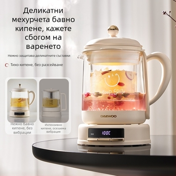 Електрически чайник модел YS11, обем 1–1.5 L, 220 V, 500–1000 W, корпус от боросиликатно стъкло, електронен термостат, управление чрез микроконтролер