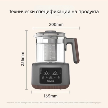 Tiliving OBS-13C02 Стъклен електрически чайник с вътрешен съд от неръждаема стомана, 600W, 220V, електронен термостат, сензорен контрол, регулиране на температурата, капацитет 1–1.5 л, за 2–3 порции