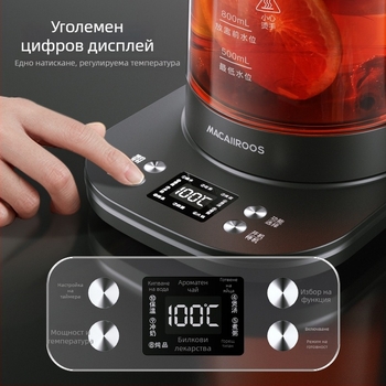 Здравословен стъклен чайник MC-YS1536 със капацитет 1–1.5 л, високо боросиликатно стъкло, 220V, 500–1000W, електронен термостат