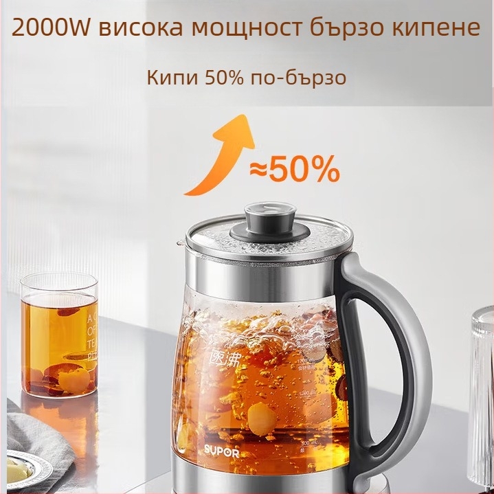 Supor здравословен чайник, висока мощност, 1.5–2 л, 220V, 300–350W, стъклен вътрешен съд, електронен термостат