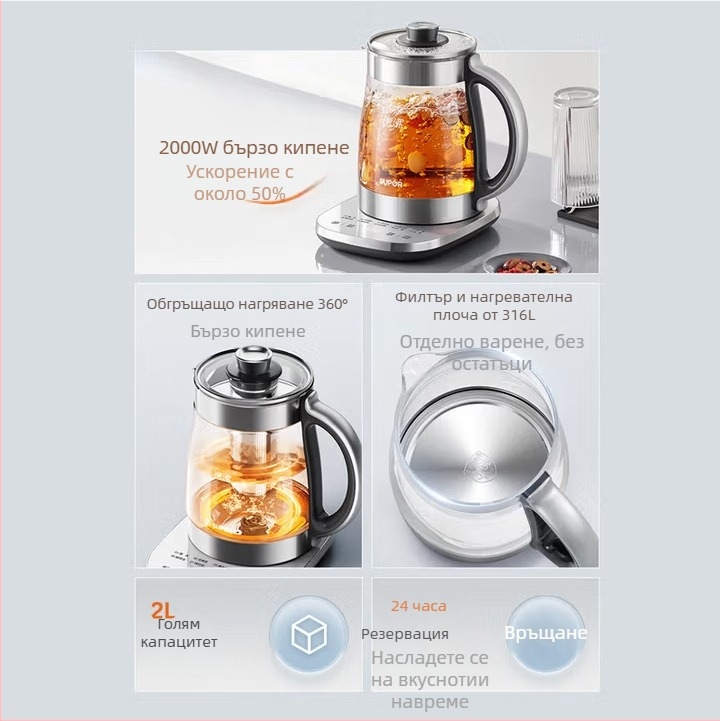 Supor здравословен чайник, висока мощност, 1.5–2 л, 220V, 300–350W, стъклен вътрешен съд, електронен термостат