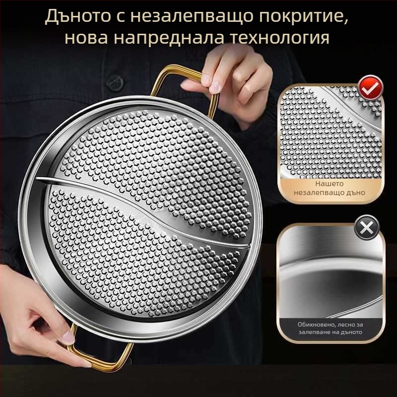 Хот пот с двойно вкусово разделение, от 304 неръждаема стомана, с прозрачен стъклен капак, капацитет 2.1–4 л, съвместим с универсална печка
