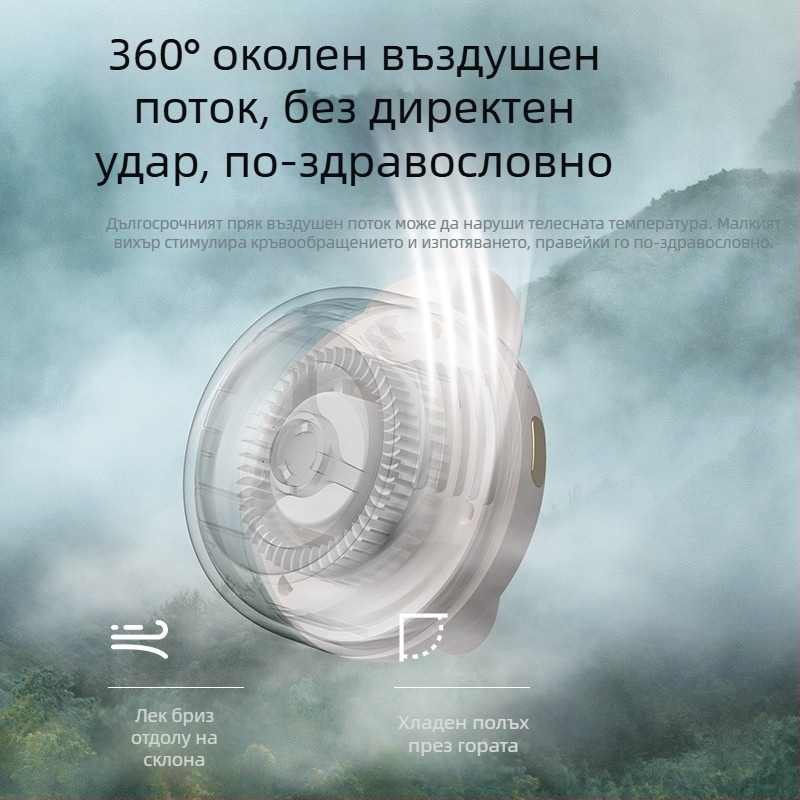 Безлопатен носим вентилатор за врата и талия с 360° въртене, USB захранване, 3 скорости, вградена батерия 800–1000 mAh, време работа 1–3 ч