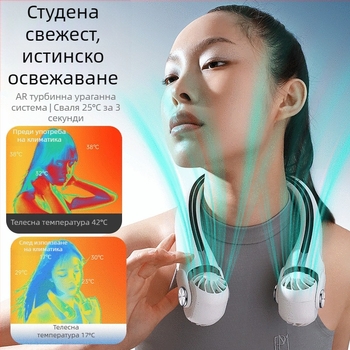 Преносим вентилатор за шията без остриета, с вградена батерия 2000–4000 mAh, USB захранване, 3 скорости, безчетков мотор, прибиращ се въртящ въздушен изход
