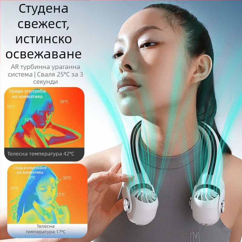 Преносим вентилатор за шията без остриета, с вградена батерия 2000–4000 mAh, USB захранване, 3 скорости, безчетков мотор, прибиращ се въртящ въздушен изход