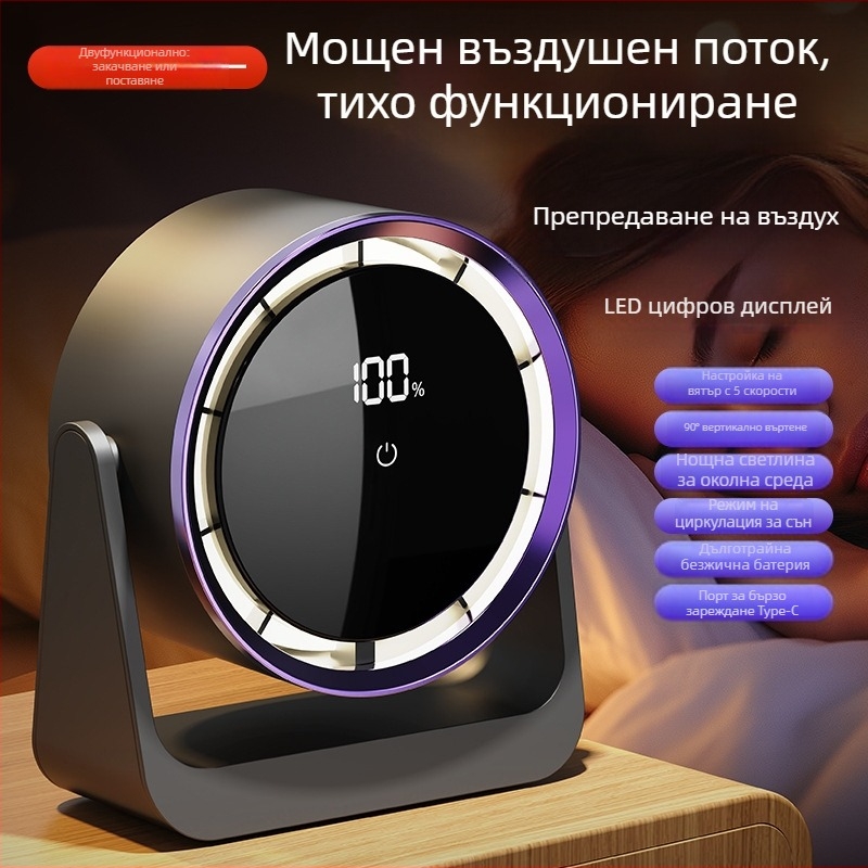 Bladeless USB настолен вентилатор с нощно осветление, вградена батерия 2000–4000 mAh, 5 скорости, тих безчетков мотор