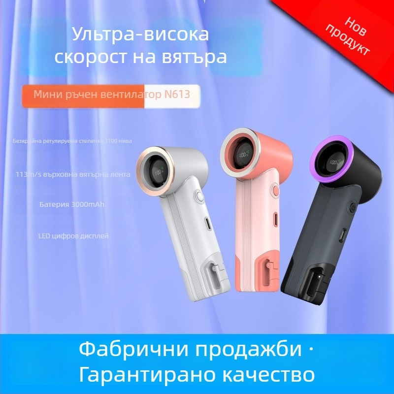 Ръчен преносим мини вентилатор с 6+ лопасти, безчетков мотор, вградена батерия 2000-4000mAh с USB зареждане, 5 скорости, цифров дисплей