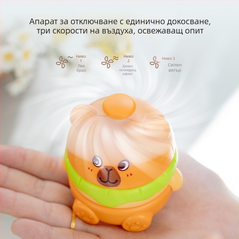 Вентилатор за врата USB зареждане, вградена батерия 100-300 mAh, 2 лопатки, дизайн с капибара, 3.7V, 5W, шум 70 dB или повече (USB зареждане, вградена батерия 100-300 mAh, 3.7V, 5W, 2 лопатки)