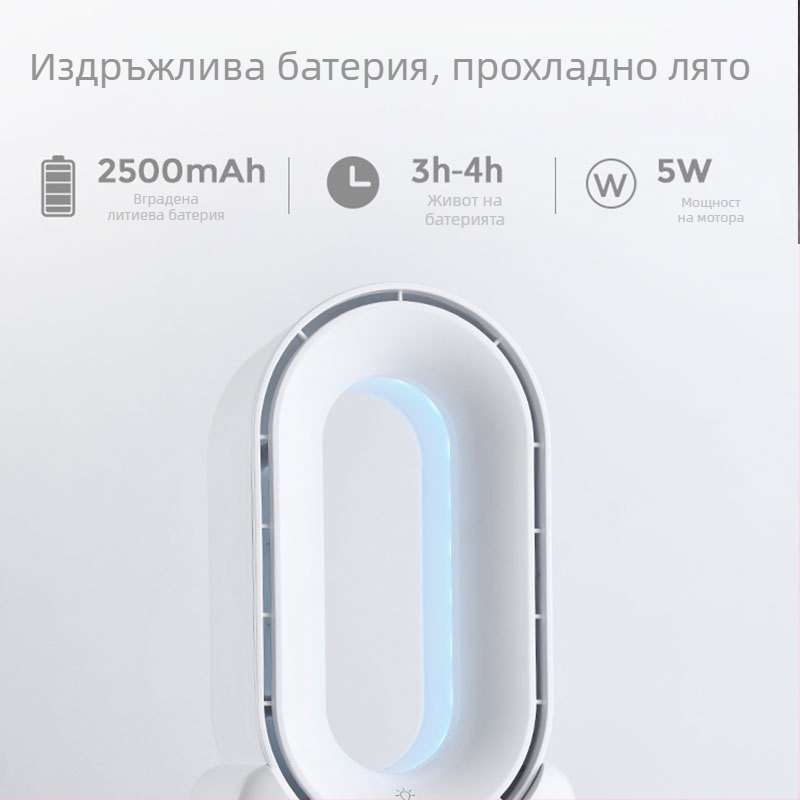 Безлопатков настолен вентилатор USB зареждане, преносим и тих, вградена батерия 2500 mAh, 4 скорости
